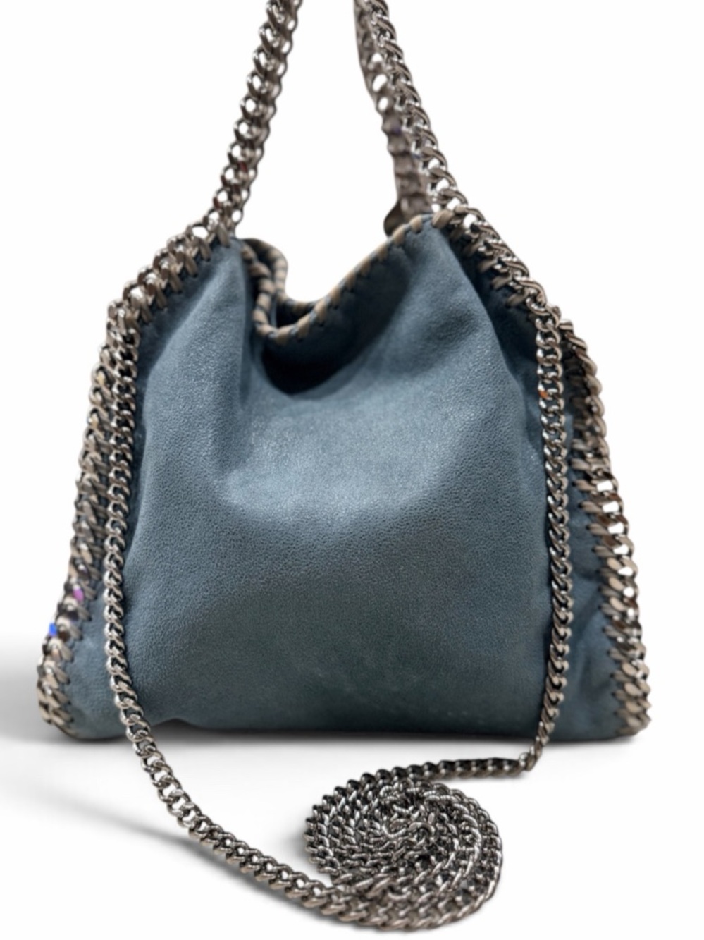Stella McCartney Blue Suede Gun Metal Chain Trim Hobo Bag
